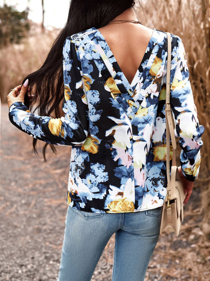 Floral Puff Long Sleeve Blouse Blouses - Chuzko Women Clothing