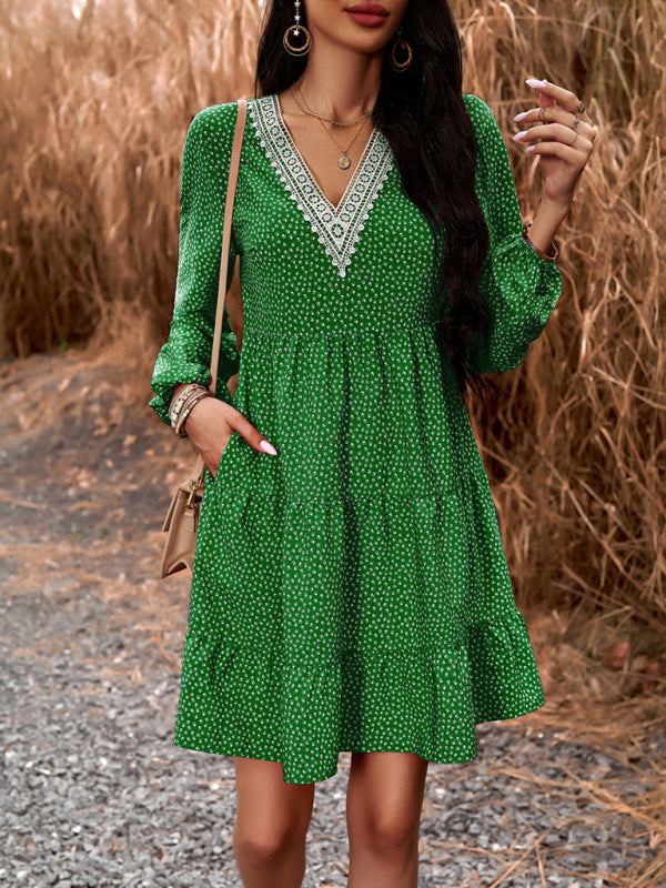 Floral Tiered Lace V-Neck Long Sleeve Dress Tiered dresses - Chuzko Women Clothing