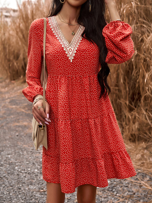 Floral Tiered Lace V-Neck Long Sleeve Dress Tiered dresses - Chuzko Women Clothing