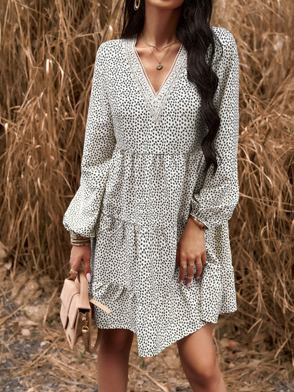 Floral Tiered Lace V-Neck Long Sleeve Dress Tiered dresses - Chuzko Women Clothing