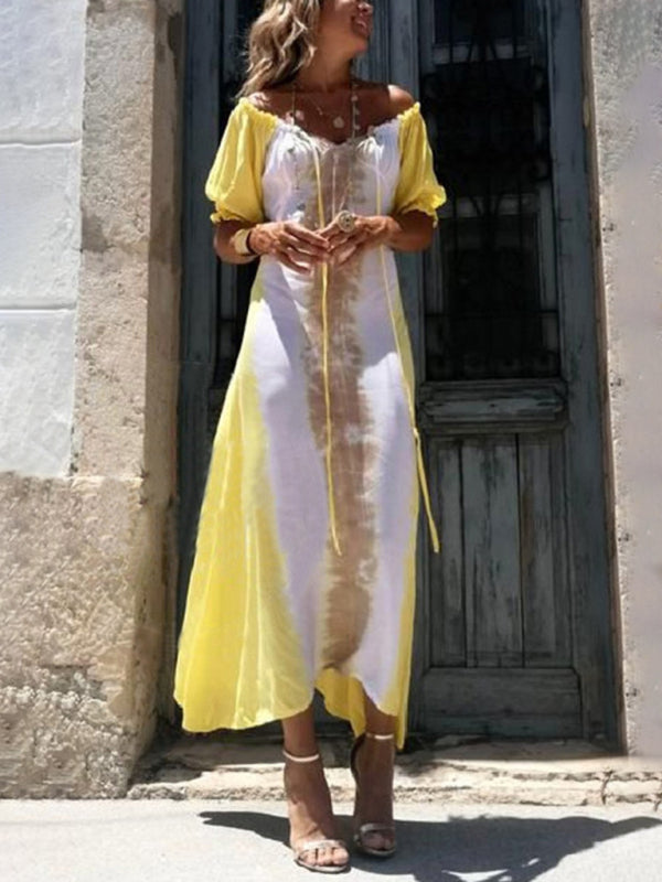 Tie Dye Off Shoulder Maxi Dress Vacation Dresses - Chuzko Women Clothing