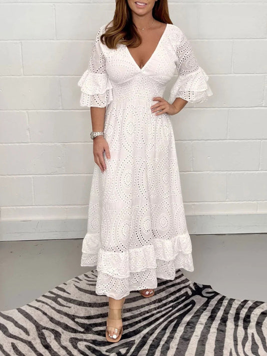 Embroidered Cotton 3/4 Bell Sleeve Ruffle Hem Maxi Dress Embroidered Dresses - Chuzko Women Clothing
