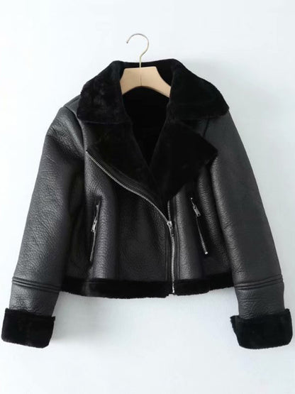 Faux Leather Fur Lined Winter Aviator Jacket Winter Aviator Jackets - Chuzko Women Clothing