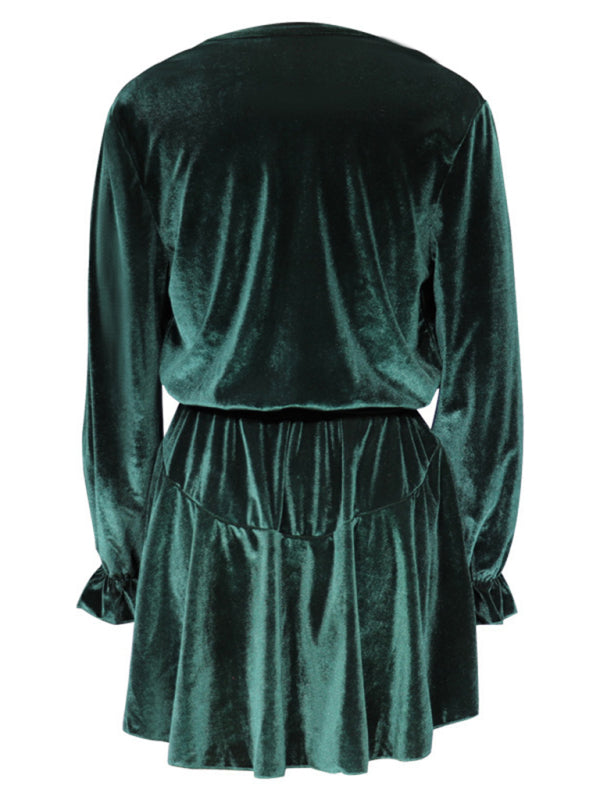 Fall-Winter Velvet Surplice V Neck Mini Dress Velvet Dresses - Chuzko Women Clothing