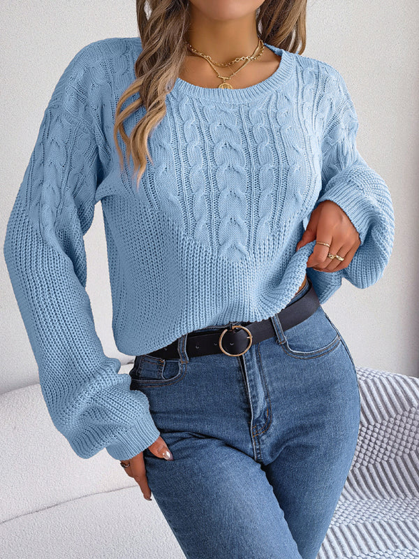 Cable Knitted Lantern Sleeve Sweater Sweaters - Chuzko Women Clothing