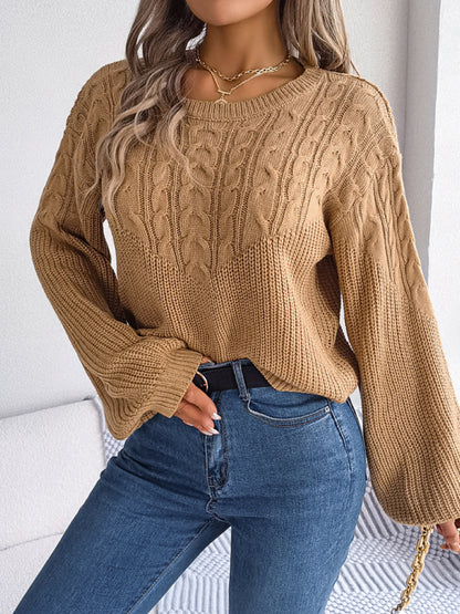 Cable Knitted Lantern Sleeve Sweater Sweaters - Chuzko Women Clothing