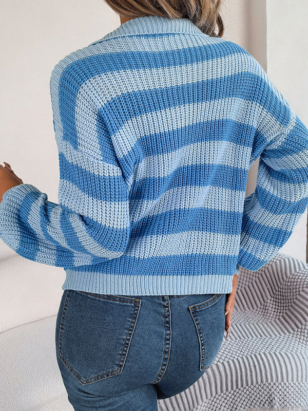 Waffle Stripe Knitted Drop Shoulder Shirt Sweater Sweaters - Chuzko Women Clothing