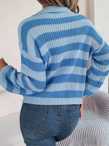 Waffle Stripe Knitted Drop Shoulder Shirt Sweater Sweaters - Chuzko Women Clothing