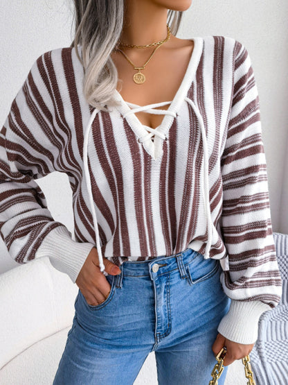 Knitted Stripe Lace-up V-Neck Sweater Sweaters - Chuzko Women Clothing