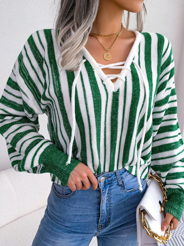 Knitted Stripe Lace-up V-Neck Sweater Sweaters - Chuzko Women Clothing