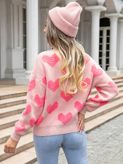 Knitted Heart Valentine’s Day Drop Shoulder Sweater Sweaters - Chuzko Women Clothing