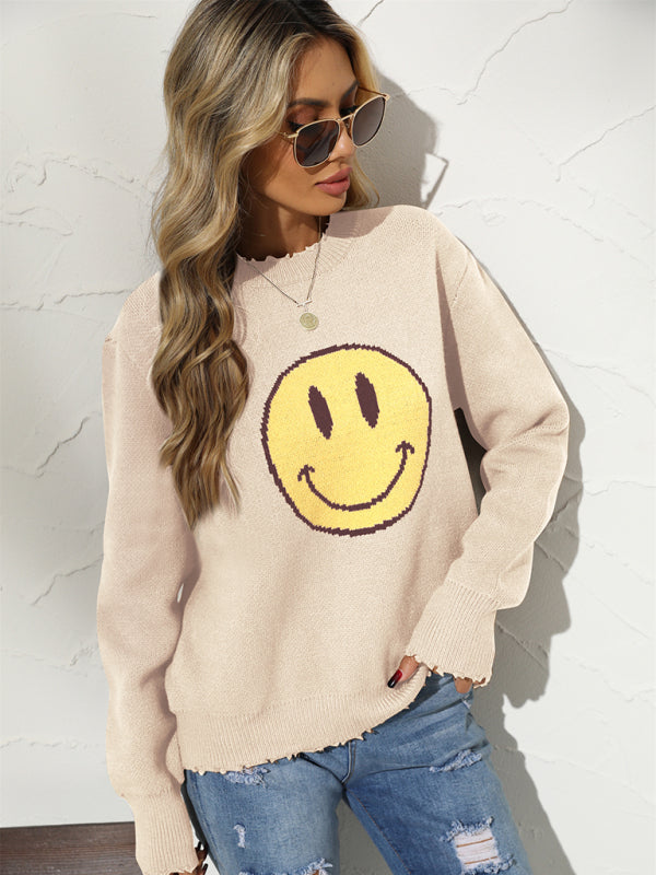 Distressed Knit Smiley Face Graphic Sweater Sweaters - Chuzko Women Clothing