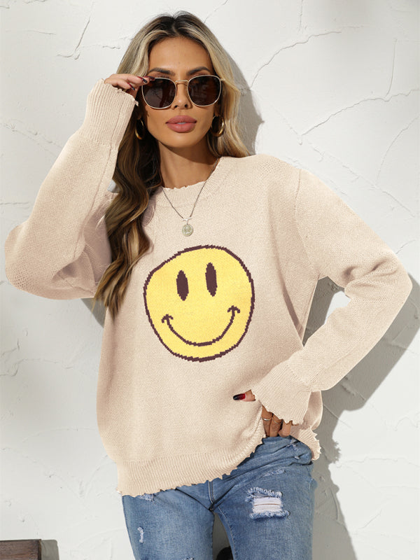 Distressed Knit Smiley Face Graphic Sweater Sweaters - Chuzko Women Clothing