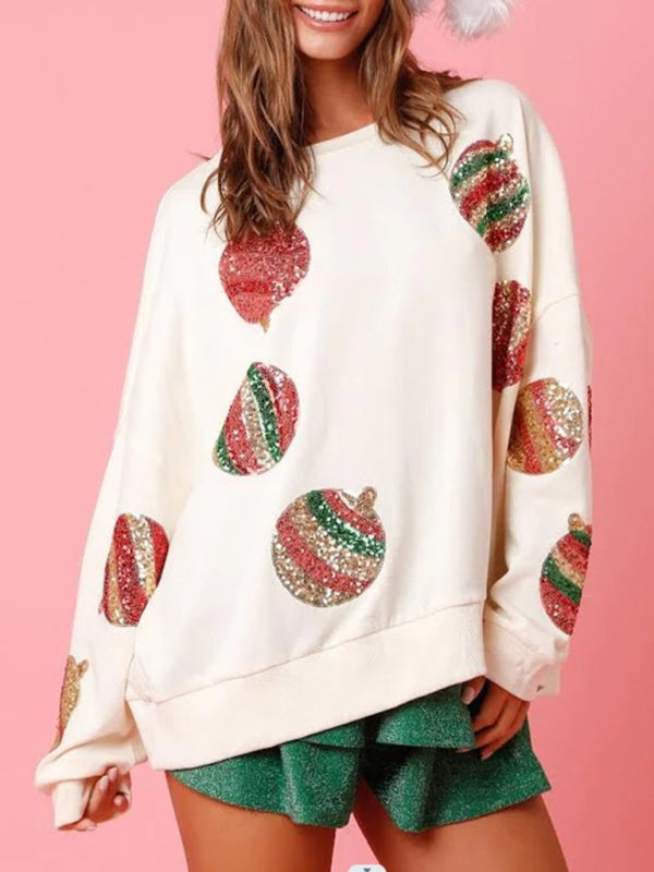 Holiday Sparkle Sequin Patchwork Sweatshirt for Christmas & Thanksgiving Gatherings Sweatshirts - Chuzko Women Clothing