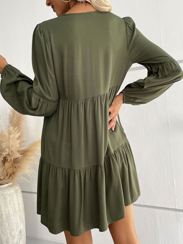 Solid Tiered Baggy Long Sleeve Mini Dress Flounce Dresses - Chuzko Women Clothing