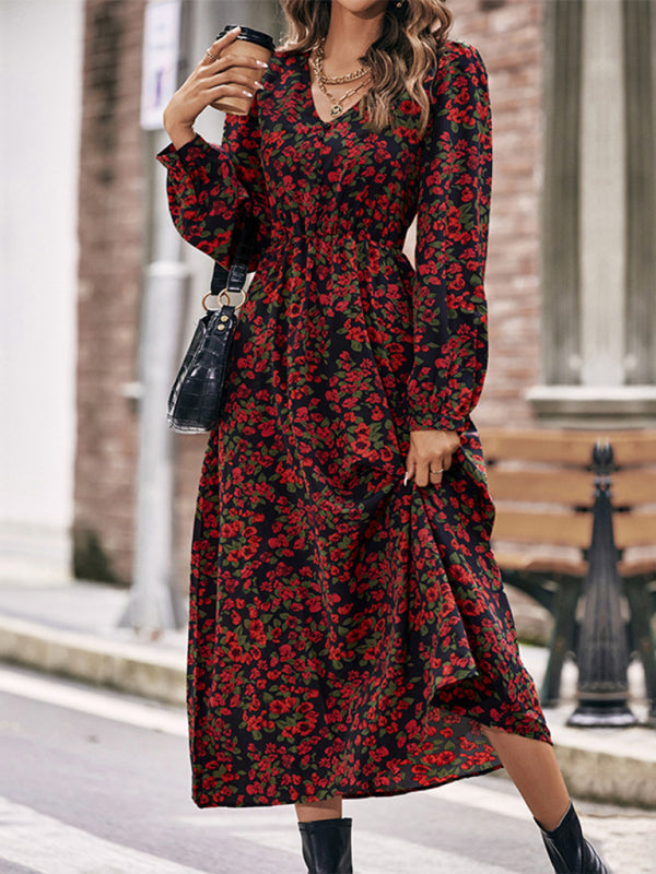 Roses Print Lantern Sleeve Swing Midi Dress Midi Dresses - Chuzko Women Clothing