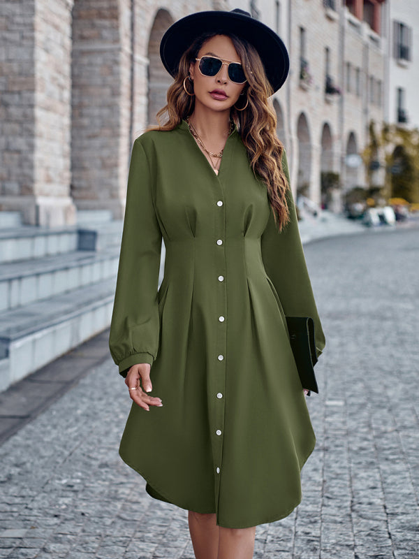 Elegant Long Sleeve Button-Up V-Neck Midi Dress Midi Dresses - Chuzko Women Clothing