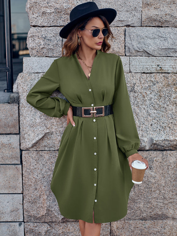 Elegant Long Sleeve Button-Up V-Neck Midi Dress Midi Dresses - Chuzko Women Clothing