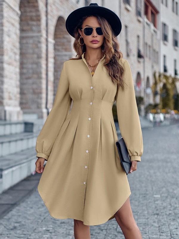 Elegant Long Sleeve Button-Up V-Neck Midi Dress Midi Dresses - Chuzko Women Clothing