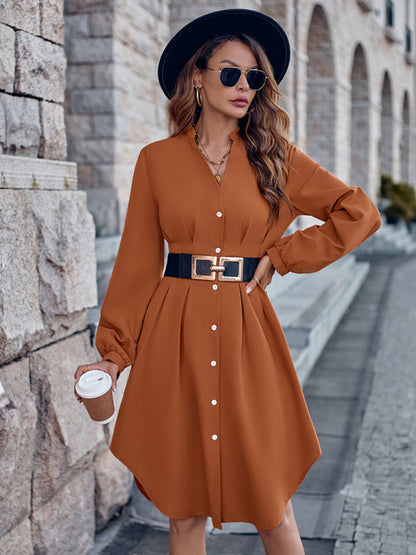 Elegant Long Sleeve Button-Up V-Neck Midi Dress Midi Dresses - Chuzko Women Clothing