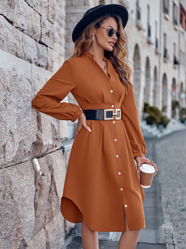 Elegant Long Sleeve Button-Up V-Neck Midi Dress Midi Dresses - Chuzko Women Clothing