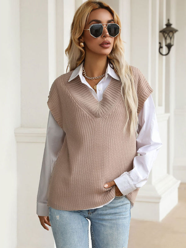 Knitted Waffle V-Neck Vest Sweater Vest Sweaters - Chuzko Women Clothing