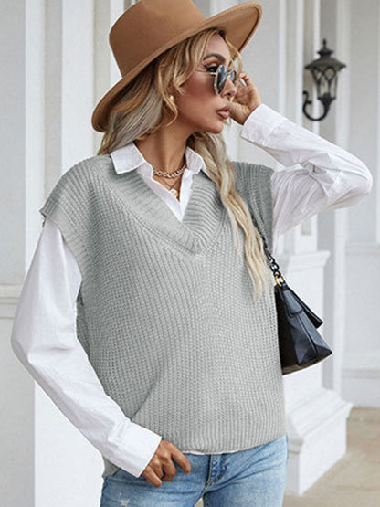 Knitted Waffle V-Neck Vest Sweater Vest Sweaters - Chuzko Women Clothing