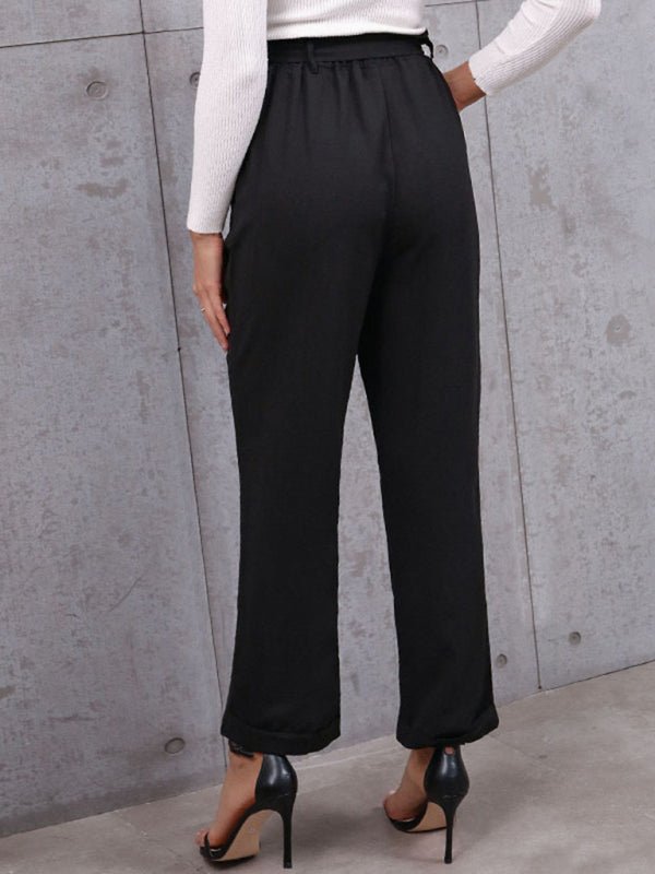 Solid Smocked Belted Waist Straight-Leg Pants Pants - Chuzko Women Clothing