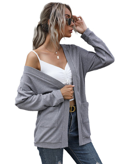 Ribbed Knit Open-Front Mid-Length Cardigan with Pockets Mid-Length Cardigans - Chuzko Women Clothing