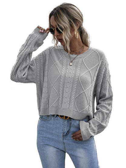 Cable Knit Round Neck Drop Shoulder Sweater Sweaters - Chuzko Women Clothing