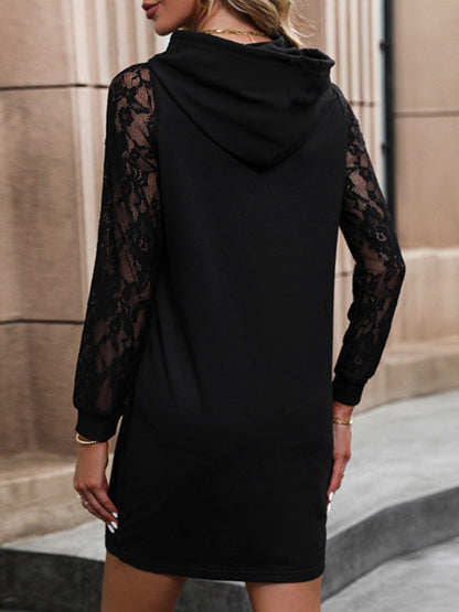 Solid Contrast Lace Long Sleeve Hoodie Dress Dresses - Chuzko Women Clothing