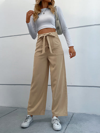 Solid Straight-Leg Belt-Tie Pants Pants - Chuzko Women Clothing