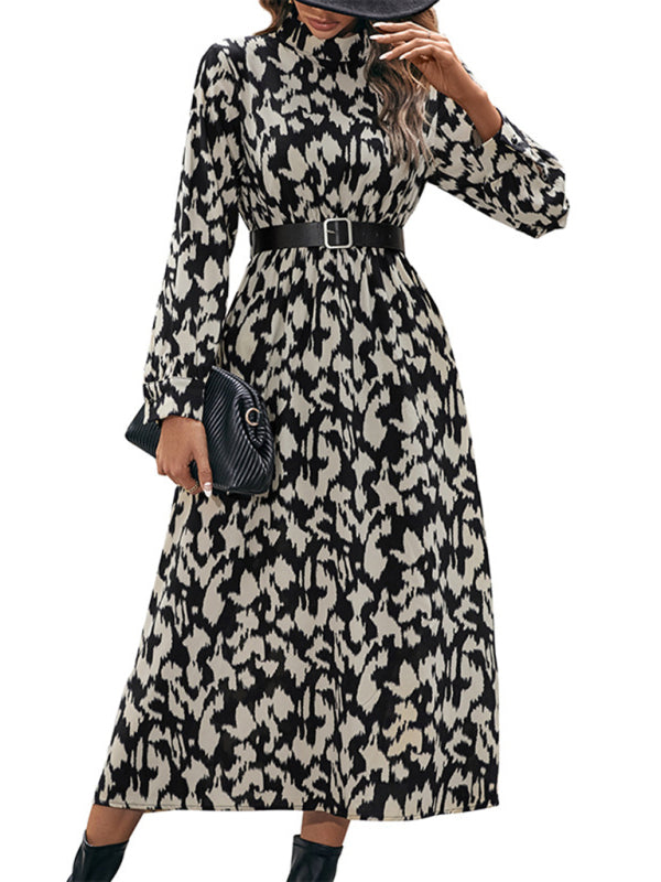 Abstract Print Smock Neck Long Sleeve Dress Without Belt Autumn Dresses - Chuzko Women Clothing