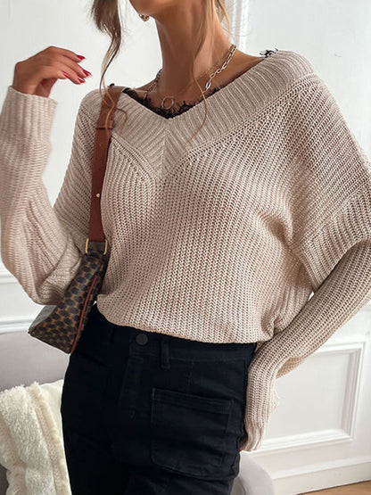 Waffle Wide Double V-Neck Drop Shoulder Sweater Sweaters - Chuzko Women Clothing