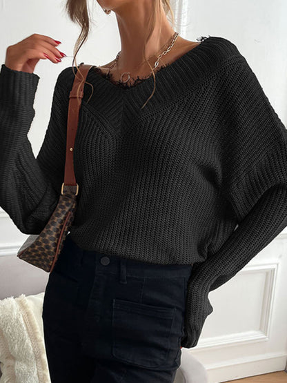 Waffle Wide Double V-Neck Drop Shoulder Sweater Sweaters - Chuzko Women Clothing
