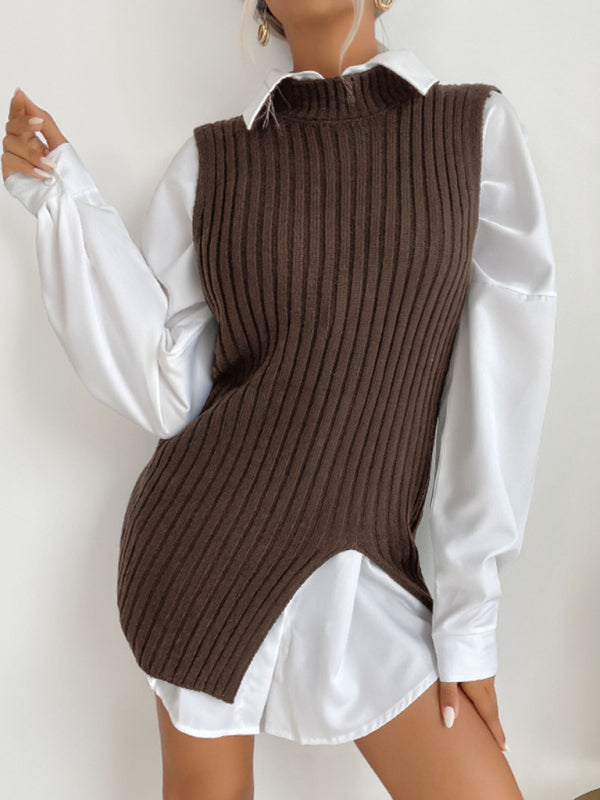 Office Ribbed Knitted High Neck Mid-Length Slit Vest Sweater Vest Sweaters - Chuzko Women Clothing