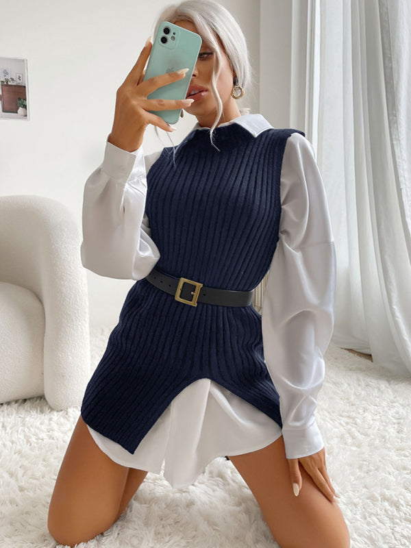 Office Ribbed Knitted High Neck Mid-Length Slit Vest Sweater Vest Sweaters - Chuzko Women Clothing