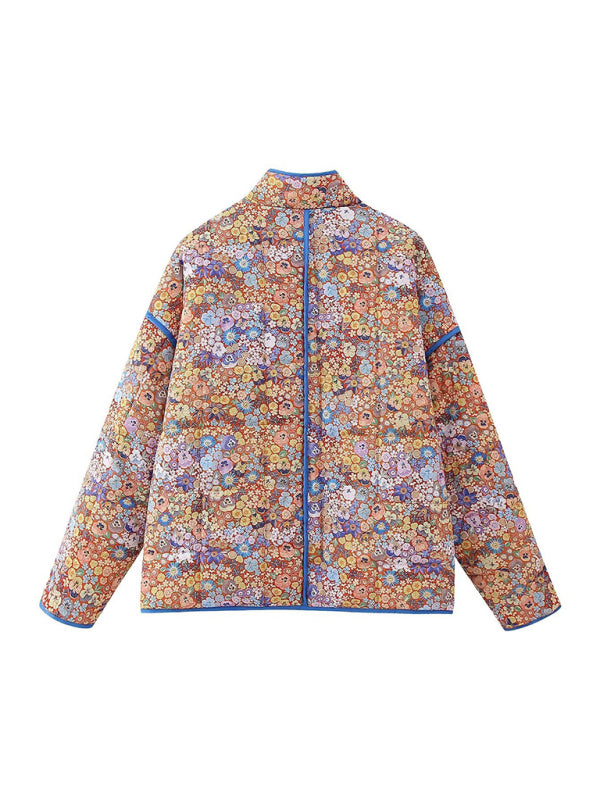 Autumn Floral Print Oversized Quilted Jacket Quilted Jackets - Chuzko Women Clothing