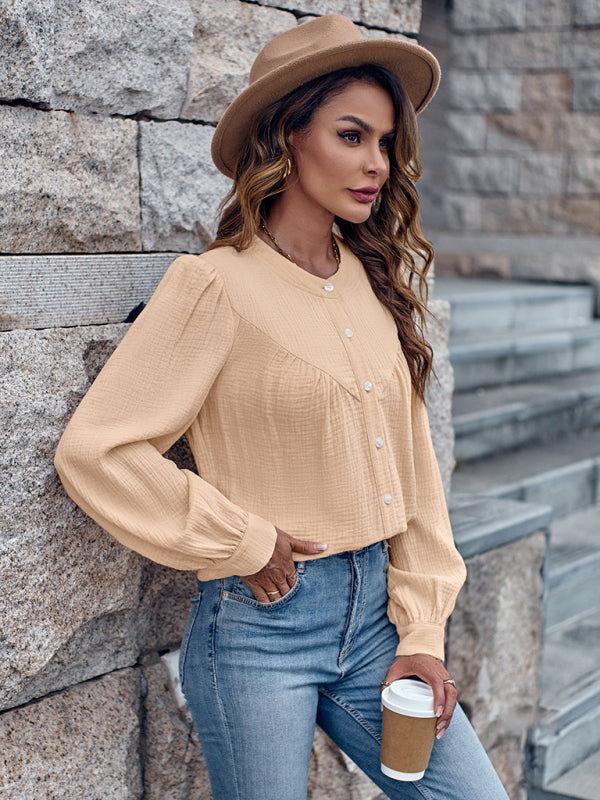 Textured Long Puff Sleeve Button-Up Blouse Blouses - Chuzko Women Clothing