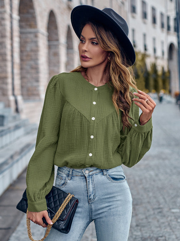 Textured Long Puff Sleeve Button-Up Blouse Blouses - Chuzko Women Clothing