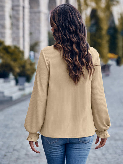 Textured Knitted Long Sleeve Puff Cuffs Sweater Top Knit Tops - Chuzko Women Clothing