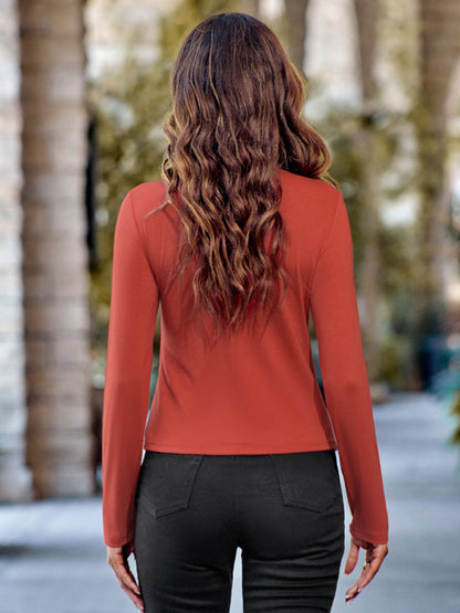 Solid Asymmetric V-Neck Long Sleeve Blouse Top Blouses - Chuzko Women Clothing