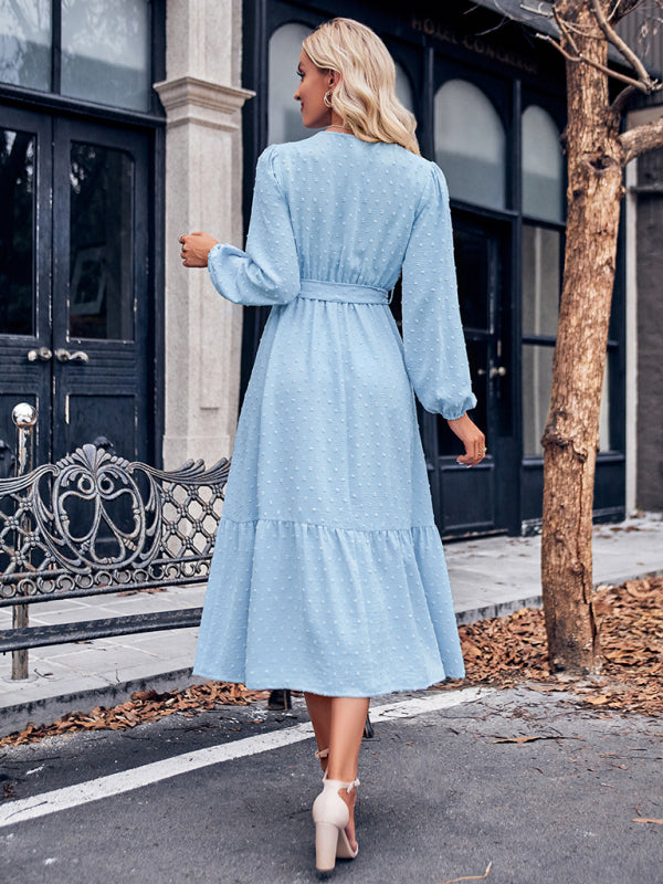 Elegant Swiss Dot Lace Insert Surplice V-Neck Long Sleeve Dress Midi Dresses - Chuzko Women Clothing