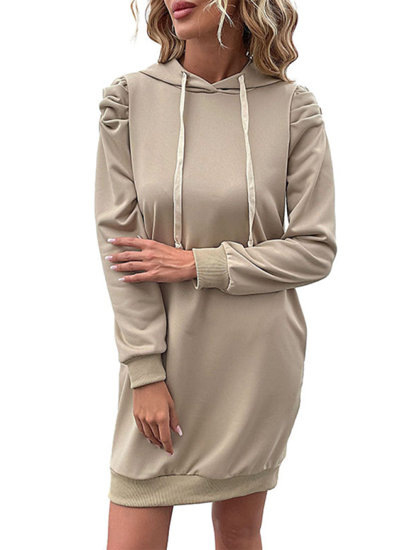 Solid Puff Sleeve Hooded Sweatshirt Dress Sweatshirt Dresses - Chuzko Women Clothing