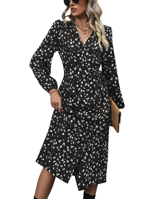 Autumn Floral Print Puff Sleeve Wrap Midi Dress Midi dresses - Chuzko Women Clothing