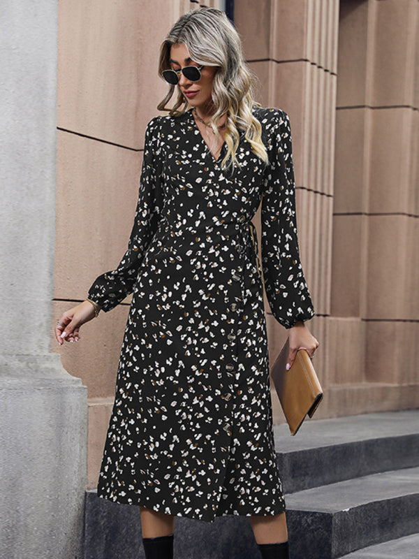 Autumn Floral Print Puff Sleeve Wrap Midi Dress Midi dresses - Chuzko Women Clothing