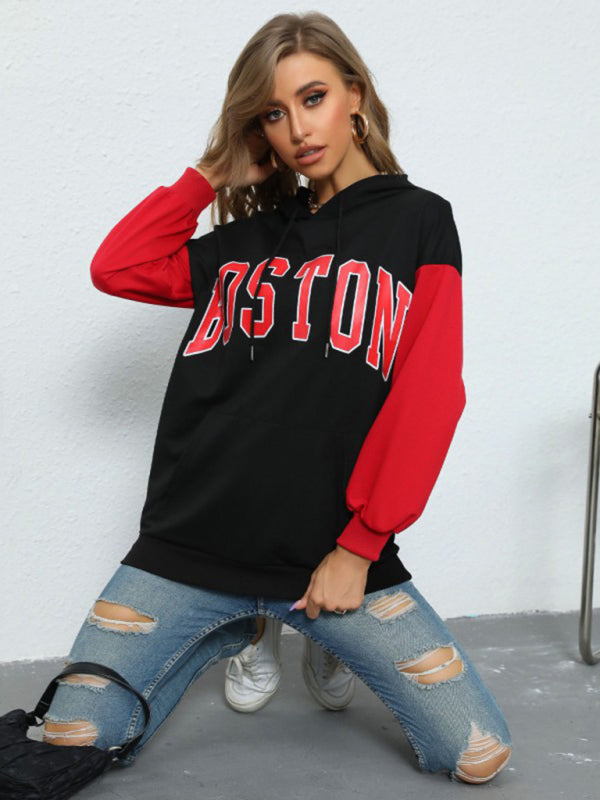 Two Tones Drop Shoulder BOSTON Print Hoodie Sweatshirt Hoodies - Chuzko Women Clothing