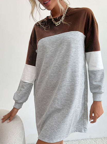 Color Block Sweatshirt Dress Sweatshirts - Chuzko Women Clothing