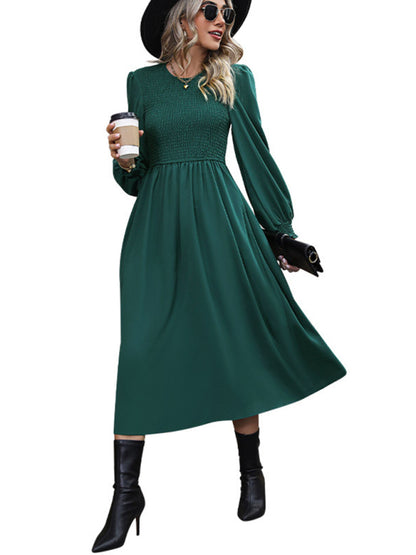 Elegant Solid Lantern Sleeve Smocked Midi Dress Cocktail Dresses - Chuzko Women Clothing