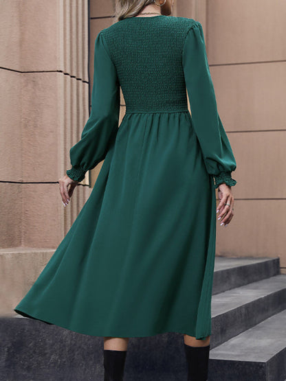Elegant Solid Lantern Sleeve Smocked Midi Dress Cocktail Dresses - Chuzko Women Clothing